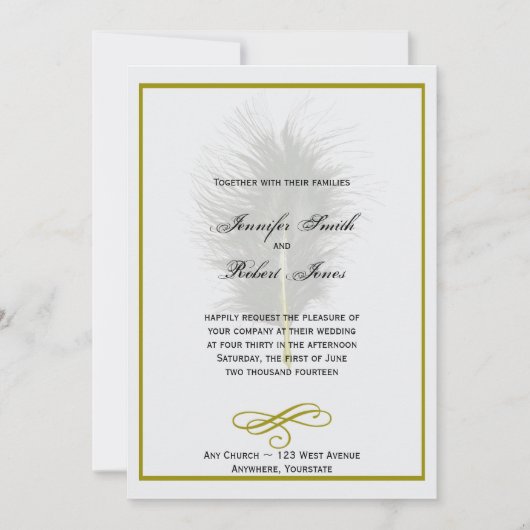 Gouden en Witte Marabou Feather Bruiloft uitnodigi Kaart (Voorkant)