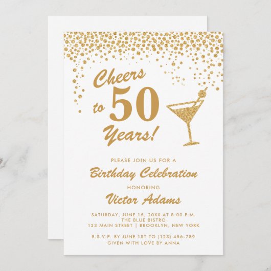 Gouden en witte Martini Verjaardag Kaart (Voorkant / Achterkant)