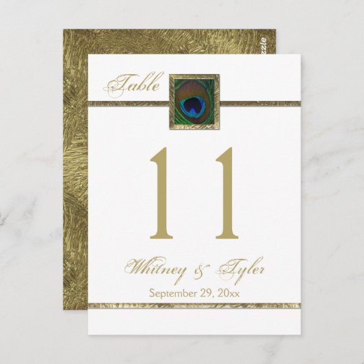 Gouden en Witte Peacock Feather Tafelnummer (Voorkant / Achterkant)
