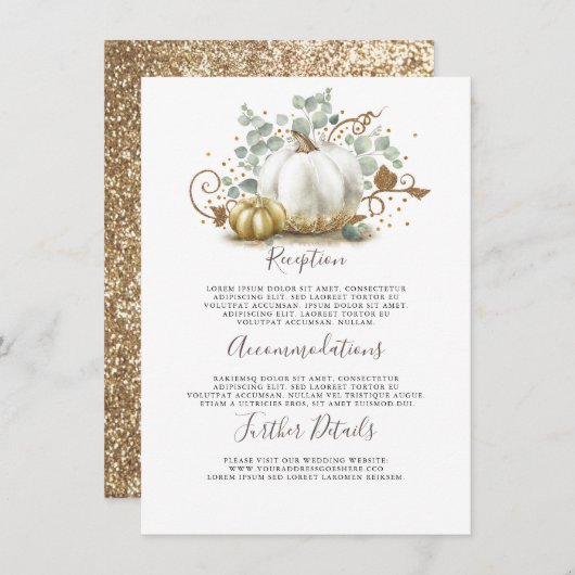 Gouden en witte pompoen bruiloft Details Informati Informatiekaartje (Voorkant / Achterkant)