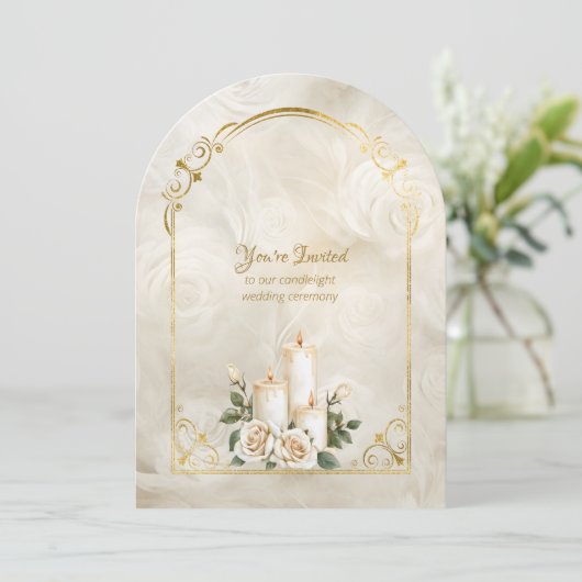 Gouden en witte rozen boog Lijst kaarslicht Kaart (Staand voorkant)
