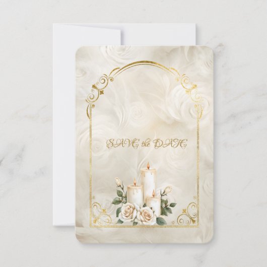 Gouden en witte rozen boog Lijst kaarslicht Save The Date (Voorkant)