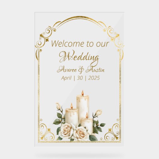 Gouden en Witte Rozen Kaarslicht Welkom Acryl Bord (Voorkant)