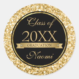 Gouden en witte sprankelende glitter zwarte cirkel ronde sticker