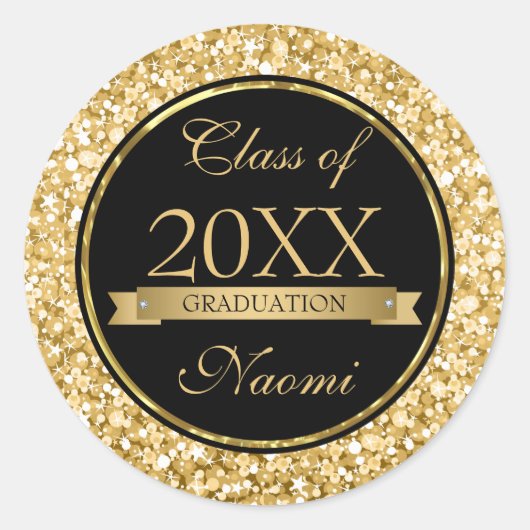 Gouden en witte sprankelende glitter zwarte cirkel ronde sticker (Voorkant)