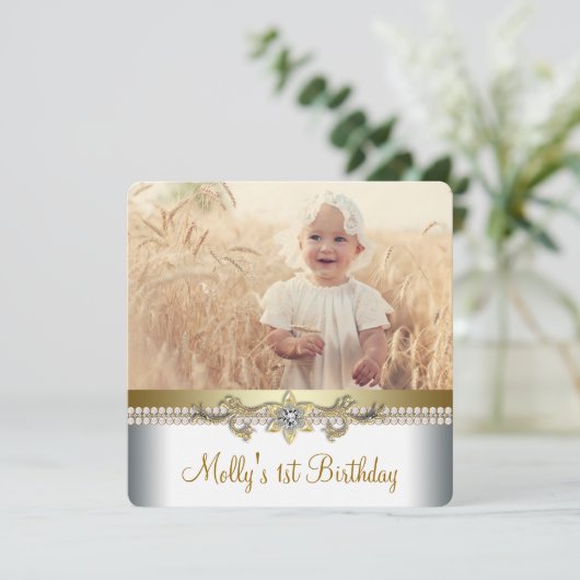  gouden en witte verjaardagsfeest kaart (Staand voorkant)