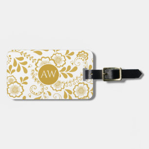 Gouden en witte Victoriaanse bloemen kant Monogram Bagagelabel