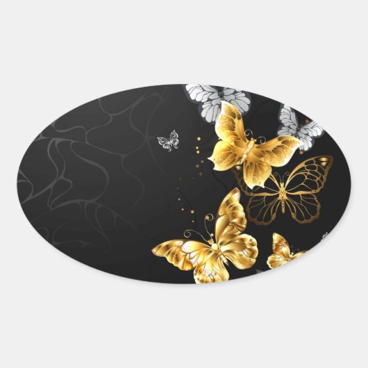 Gouden en witte vlinders ovale sticker (Voorkant)