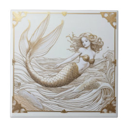 Gouden en Witte Zeemeermin & Ocean Waves Links teg Tegeltje