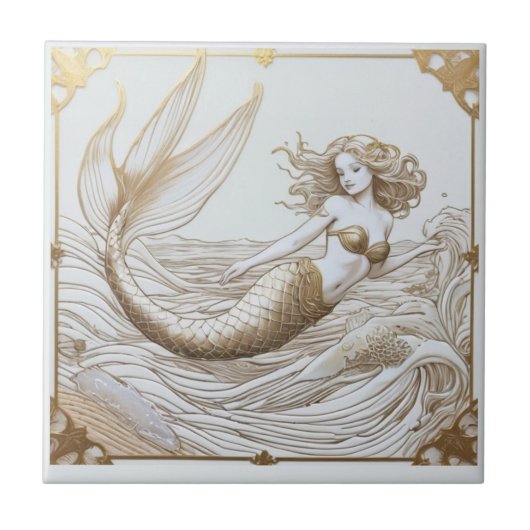 Gouden en Witte Zeemeermin & Ocean Waves Links teg Tegeltje (Voorkant)