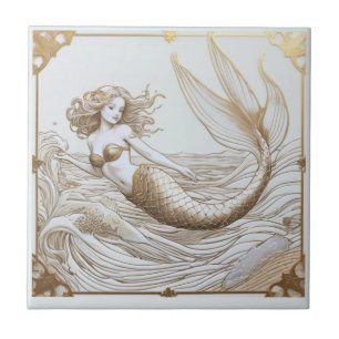 Gouden en Witte Zeemeermin & Ocean Waves Rechts ge Tegeltje