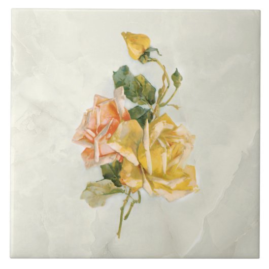  gouden en zalm Rozen op marmer BG Tegeltje (Voorkant)
