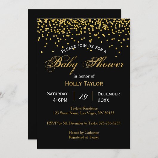 Gouden en zwarte Baby showers uitnodiging (Voorkant / Achterkant)