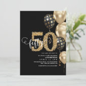 Gouden en zwarte ballon 50e verjaardag kaart (Staand voorkant)