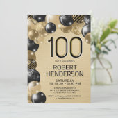 Gouden en zwarte ballonnen 100e verjaardag uitnodi kaart (Staand voorkant)