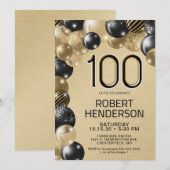 Gouden en zwarte ballonnen 100e verjaardag uitnodi kaart (Voorkant / Achterkant)