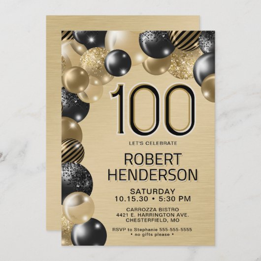 Gouden en zwarte ballonnen 100e verjaardag uitnodi kaart (Voorkant / Achterkant)