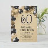 Gouden en zwarte ballonnen 60e verjaardag uitnodig kaart (Staand voorkant)