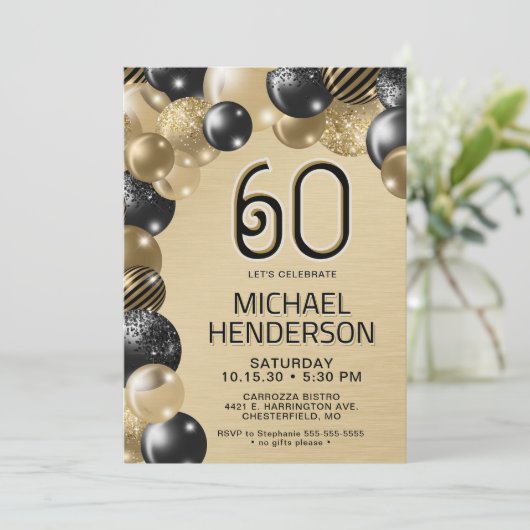 Gouden en zwarte ballonnen 60e verjaardag uitnodig kaart (Staand voorkant)