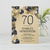 Gouden en zwarte ballonnen 70e verjaardag uitnodig kaart (Staand voorkant)