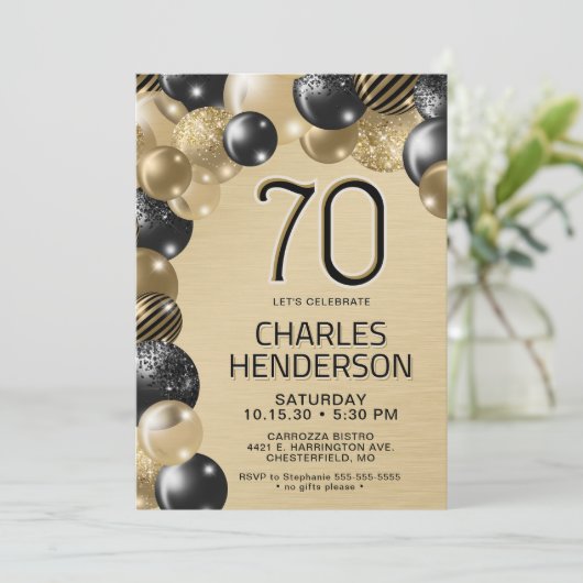 Gouden en zwarte ballonnen 70e verjaardag uitnodig kaart (Staand voorkant)