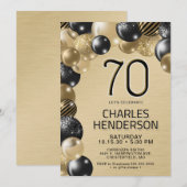 Gouden en zwarte ballonnen 70e verjaardag uitnodig kaart (Voorkant / Achterkant)