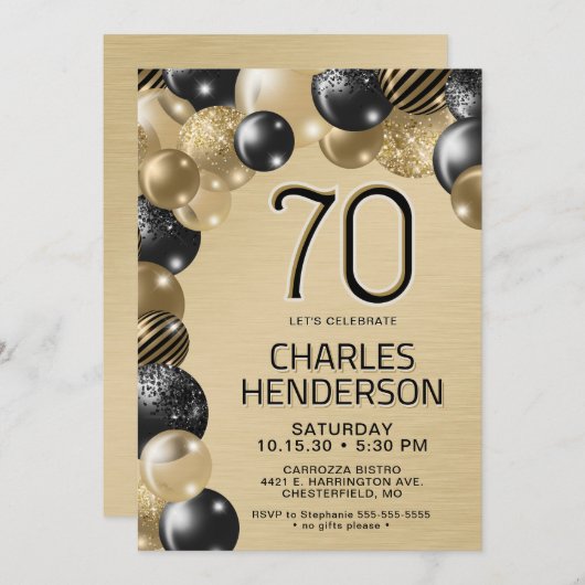 Gouden en zwarte ballonnen 70e verjaardag uitnodig kaart (Voorkant / Achterkant)