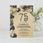 Gouden en zwarte ballonnen 75e verjaardag uitnodig kaart (Staand voorkant)