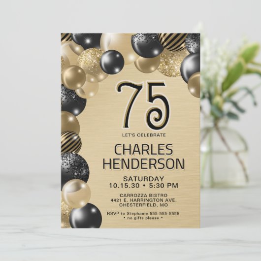 Gouden en zwarte ballonnen 75e verjaardag uitnodig kaart (Staand voorkant)