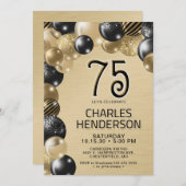 Gouden en zwarte ballonnen 75e verjaardag uitnodig kaart (Voorkant / Achterkant)