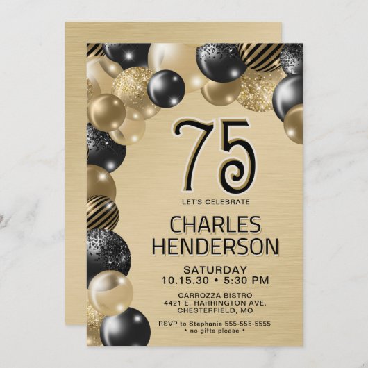 Gouden en zwarte ballonnen 75e verjaardag uitnodig kaart (Voorkant / Achterkant)