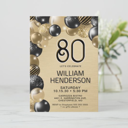 Gouden en zwarte ballonnen 80e verjaardag uitnodig kaart (Staand voorkant)