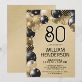 Gouden en zwarte ballonnen 80e verjaardag uitnodig kaart (Voorkant / Achterkant)