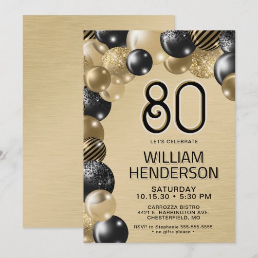 Gouden en zwarte ballonnen 80e verjaardag uitnodig kaart (Voorkant / Achterkant)