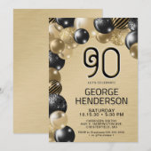 Gouden en zwarte ballonnen 90e verjaardag uitnodig kaart (Voorkant / Achterkant)