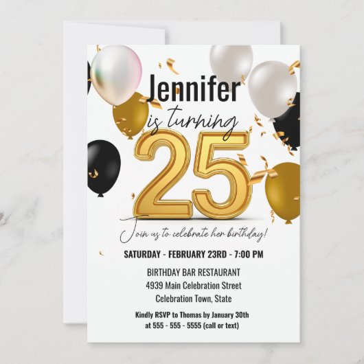 Gouden en zwarte ballonnen en Confetti 25ste verja Kaart (Voorkant)