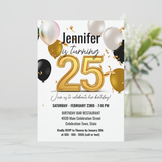 Gouden en zwarte ballonnen en Confetti 25ste verja Kaart (Staand voorkant)