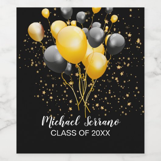 Gouden en Zwarte Ballonnen Gouden Sterren Afstuder Wijn Etiket (Enkel label)