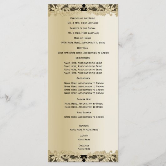 Gouden en zwarte bloemenkant trouwprogramma programmakaart (Achterkant)