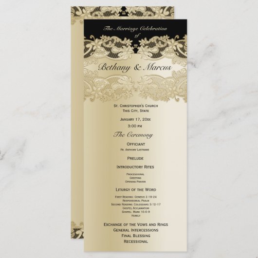 Gouden en zwarte bloemenkant trouwprogramma programmakaart (Voorkant / Achterkant)