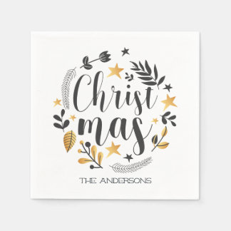 Gouden en zwarte botanische illustratie Kerstmis Servet