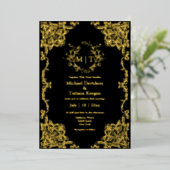 Gouden en zwarte botanische monogram bloemenbruilo folie uitnodiging (Staand Voorkant)