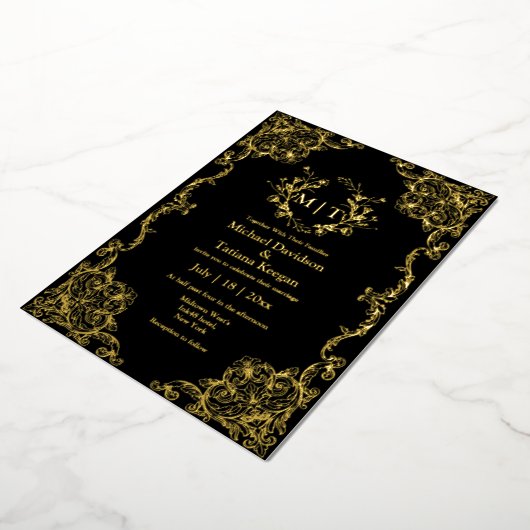 Gouden en zwarte botanische monogram bloemenbruilo folie uitnodiging (Gedraaid)