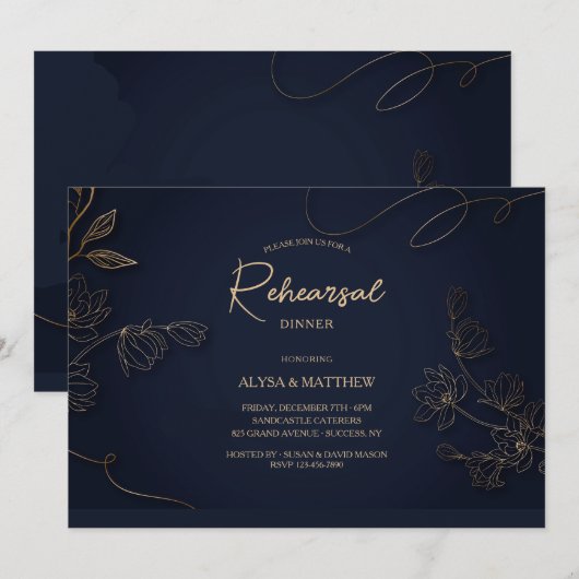 Gouden en Zwarte Botanische Uitnodiging (Voorkant / Achterkant)