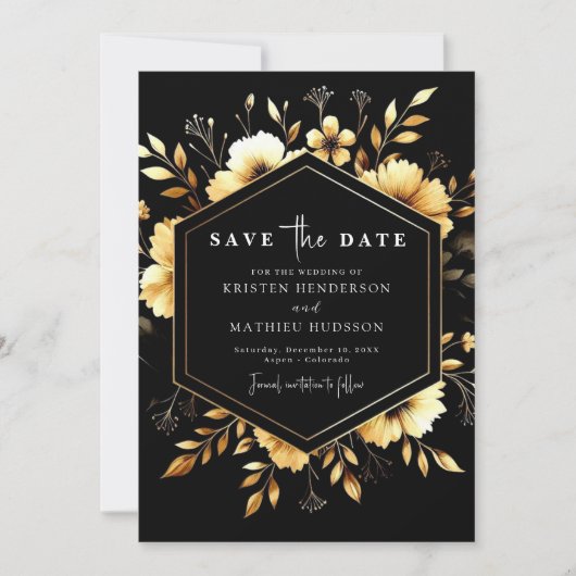Gouden en zwarte bruiloft save the date (Voorkant)