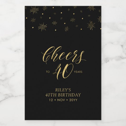 Gouden en Zwarte Cheers 40 jaar, 40e verjaardag Wijn Etiket (Enkel label)