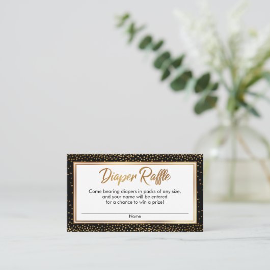 Gouden en Zwarte Confetti Luier Raffle Ticket Kaar Informatiekaartje (Staand voorkant)