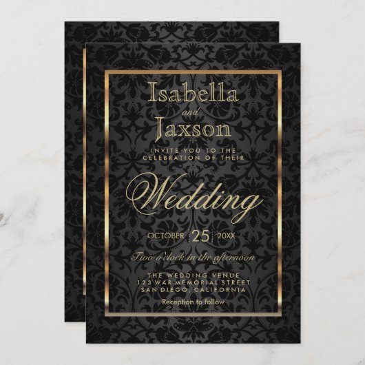 Gouden en zwarte damasten uitnodiging (Voorkant / Achterkant)
