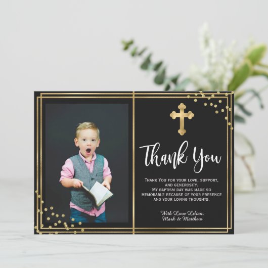 Gouden en Zwarte Doop Dankkaarten Bedankkaart (Staand voorkant)