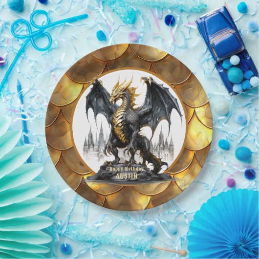Gouden en zwarte draak met Dragon Scale Border Papieren Bordje (Feest)